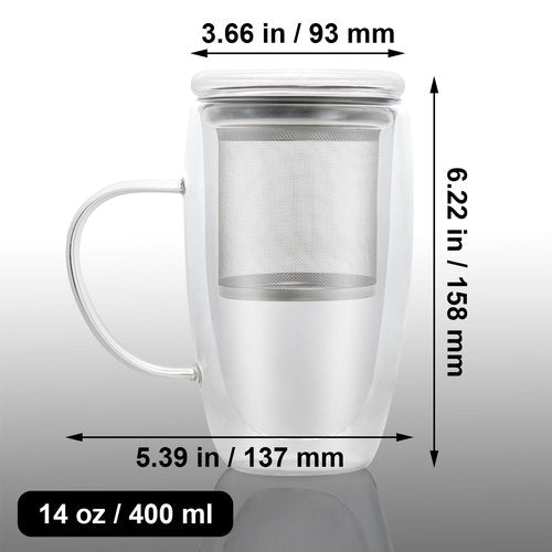 Almagic Double Wall Glass Tea Mug with Infuser and Lid, 14 oz / 400 ml Borosilicate Glass Tea Cup with 304 Stainless Steel Fine Mesh Infuser, Durable Insulated Tea Cup, Gift for Tea Lovers
