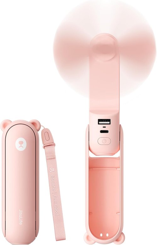 JISULIFE Handheld Mini Fan - 3-in-1 Portable Fan, Power Bank & Flashlight | 19H Max Cooling, USB Rechargeable, Pink