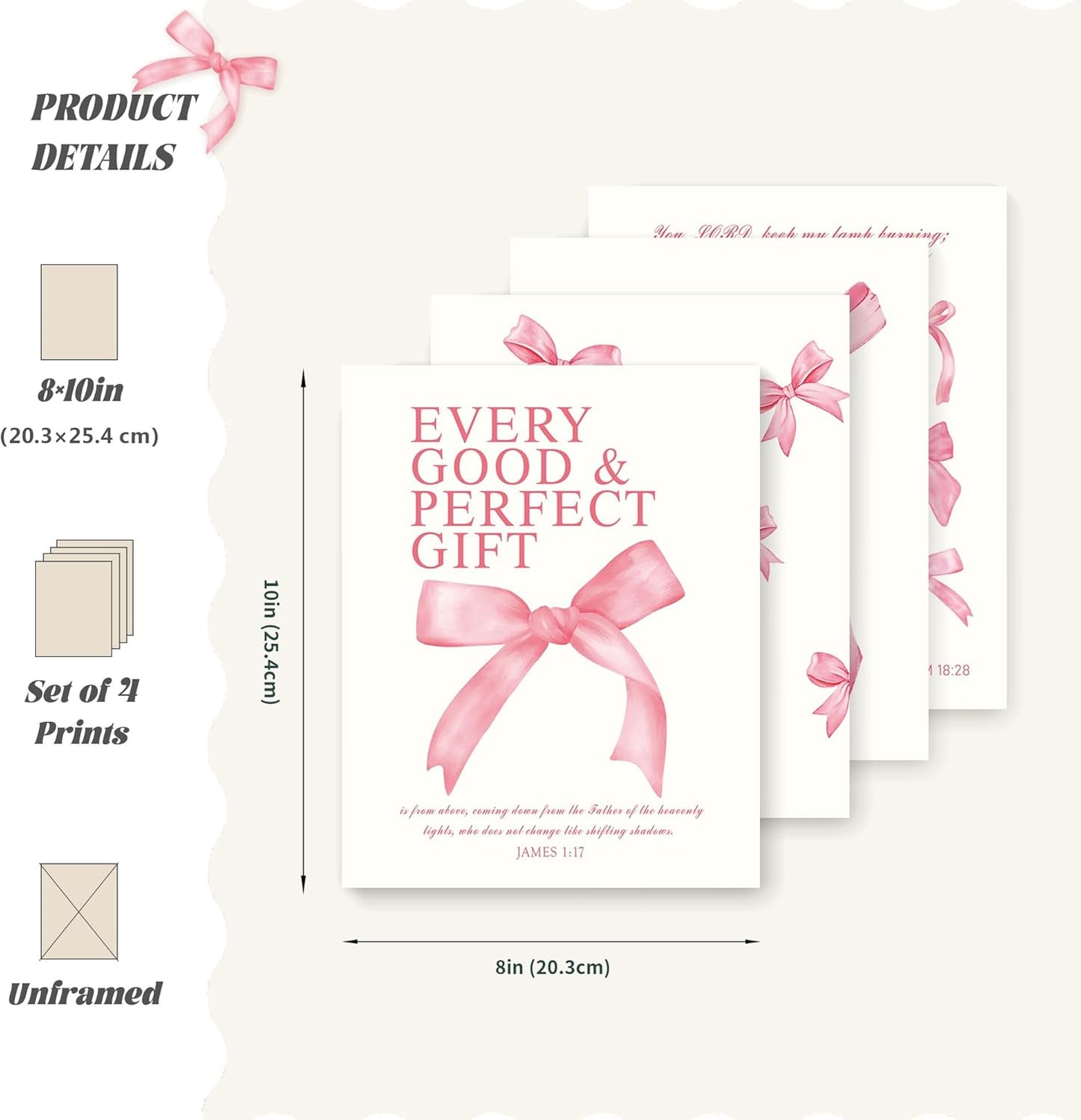 LARTSFRO Coquette Pink Bow Wall Art Decor - Inspirational Bible Verses | Set of 4 Unframed 10x8 Inch Prints for Teen Girls