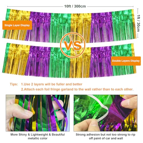 2 Pack 10 Feet Green Gold Purple Foil Fringe Garland Metallic Tinsel Streamers Banner Fringe Backdrop Banner for Parade Floats Mardi Gras Birthday Party Homecoming Decoration (Green Gold Purple)