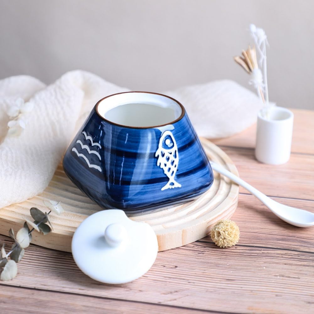 Skiennix Hand-Painted Ceramic Spice Jar - Stylish Seasoning Box with Lid & Spoon | Perfect Kitchen Gift