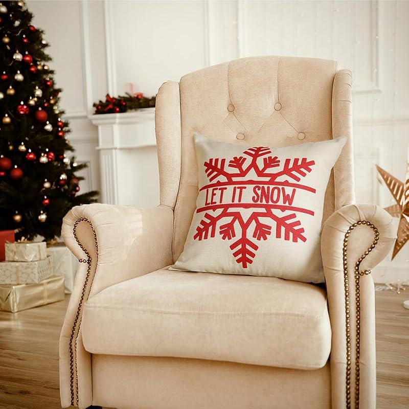 Sunboom Christmas Pillow Covers & Red Holiday Decor Set of 4, 18x18 Winter Farmhouse Throw Pillows