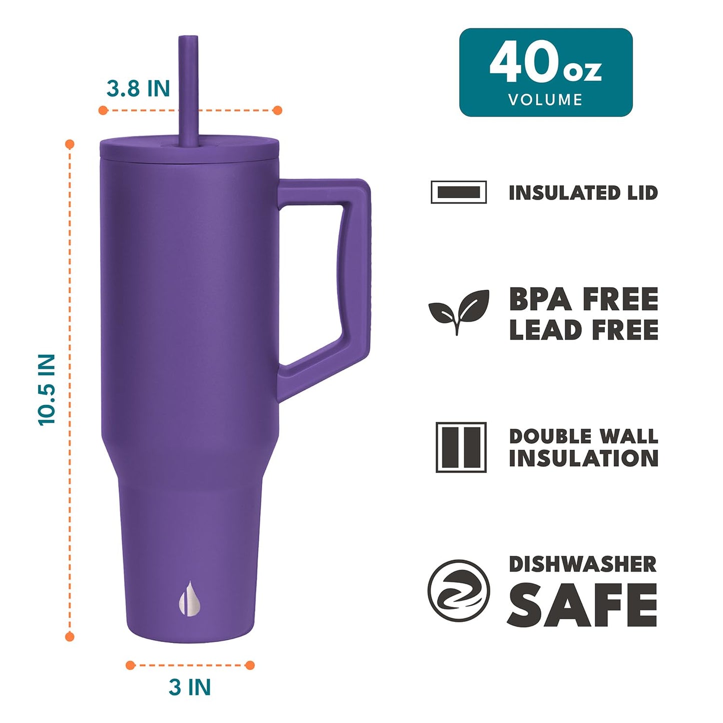 Elemental 40 oz Tumbler with Handle and Straw - Spill Proof Insulated Stainless Steel Commuter for Cold Beverages - Travel Coffee Mug with 2 Straws & Spill Proof Lid - 40oz - Purple