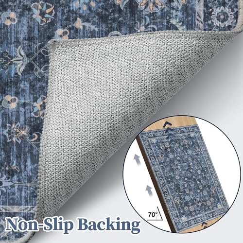 Distressed Blue & Black 5x7 Washable Area Rug for Bedroom & Living Room - Non-Slip