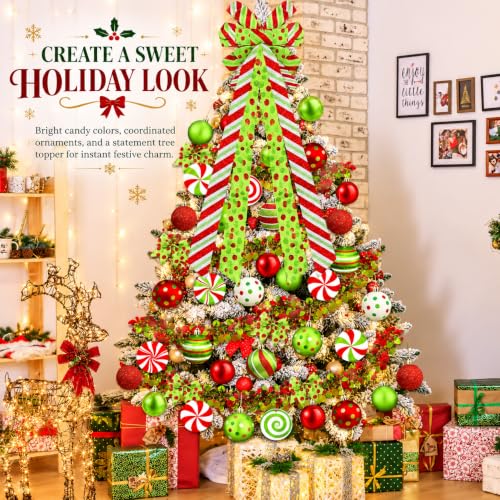 Bailiyake Christmas Tree Decorations Set with Red and Lime Green Ornaments, Wreath Bow & Elf Balls