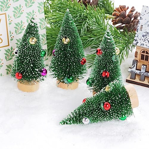 Yookat 12Pcs Mini Green Christmas Trees with Beads & Snow Frost, Sisal & Bottle Brush