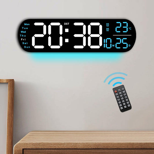 oviouit 14.3" Digital Wall Clock with Remote Control, Large Display, LED Clock for Living Room, Bedroom, Auto-Dimming, 9 Color Night Light, Auto DST, Date, Week, Temperature (Rounded Rectangle-Blue)