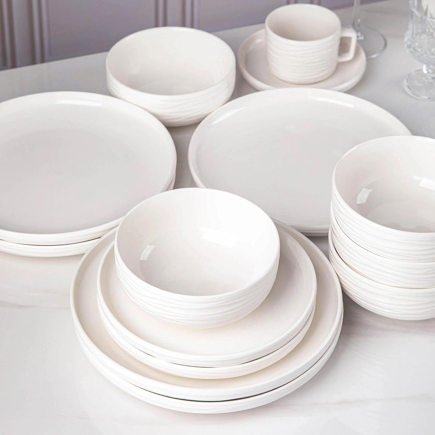 Skiennix White Salad Plates Set of 6 - 8 Inch Porcelain Dinner Plates | Ribbed Texture, Microwave & Dishwasher Safe