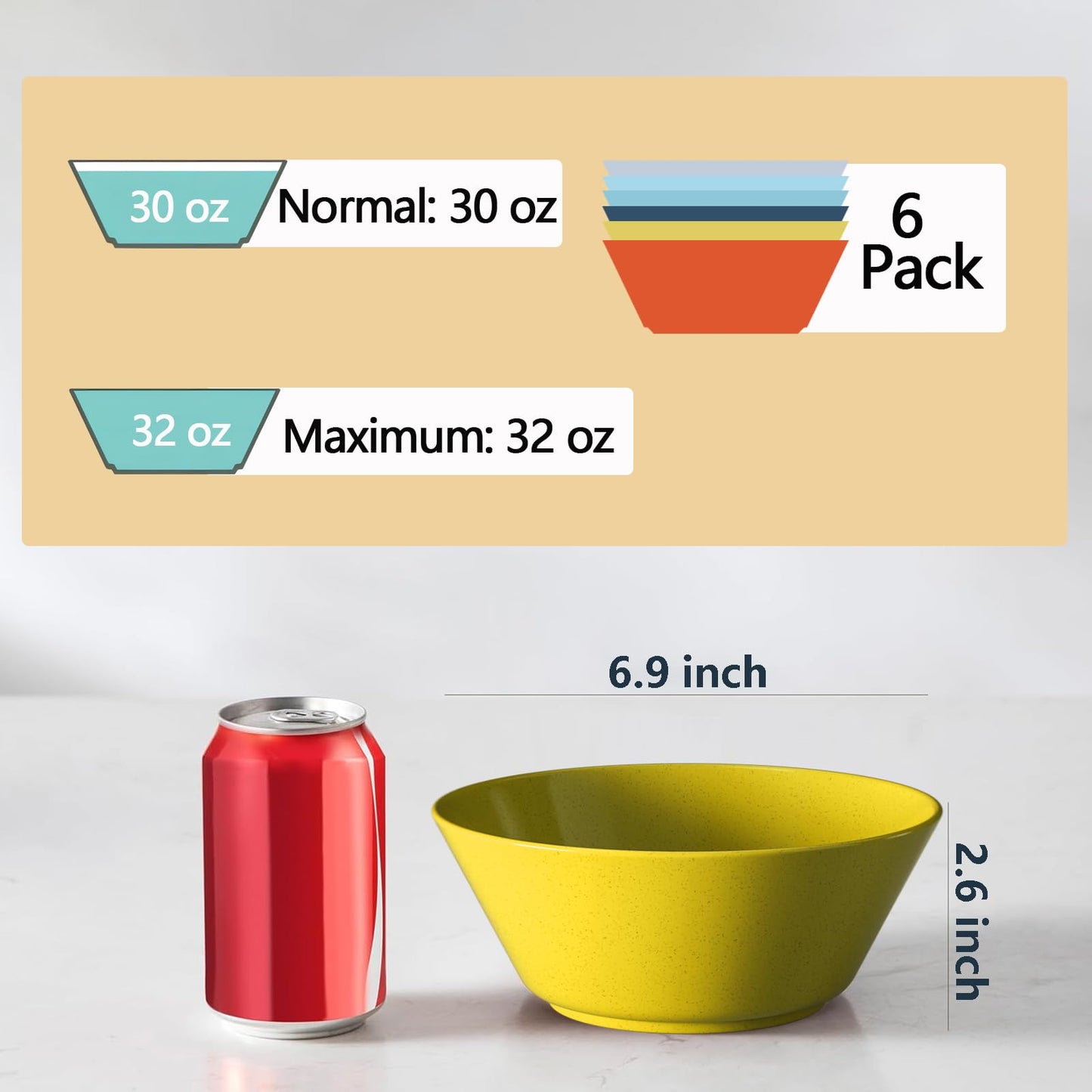 Unbreakable Large Cereal Bowls Set of 6, 32 Ounce BPA-Free Microwave & Dishwasher Safe Salad Bowls, Stackable Multicolor Kitchen Bowls for Serving, Soup, Oatmeal, Pasta, Camping & Daily Use
