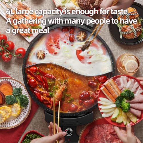 AORAN 6.4 Quart Electric Hot Pot with Divider, Non-Stick Smokeless Cooking Set