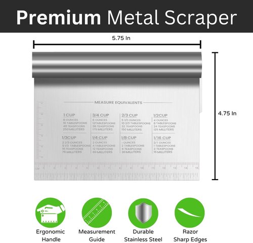 BOORIKA Stainless Steel Dough Scraper & Bench Scraper - Essential Sourdough Tool for Bread & Pizza (Silver)