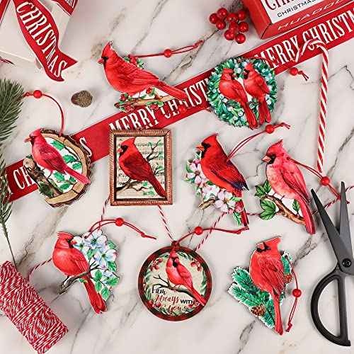 9pieces Red Cardinal Christmas Ornaments Wooden Cardinals Birds for Christmas Tree Ornament Decorations Memorial Gifts