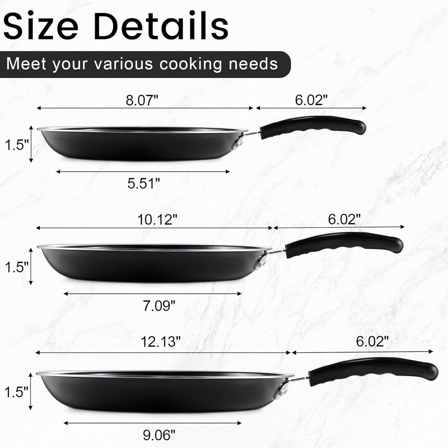 Nonstick Frying Pans Set of 3 by [Brand Name] - Durable Carbon Steel with PFOA-Free Coating | Includes 2 Spatulas & 3 Sizes