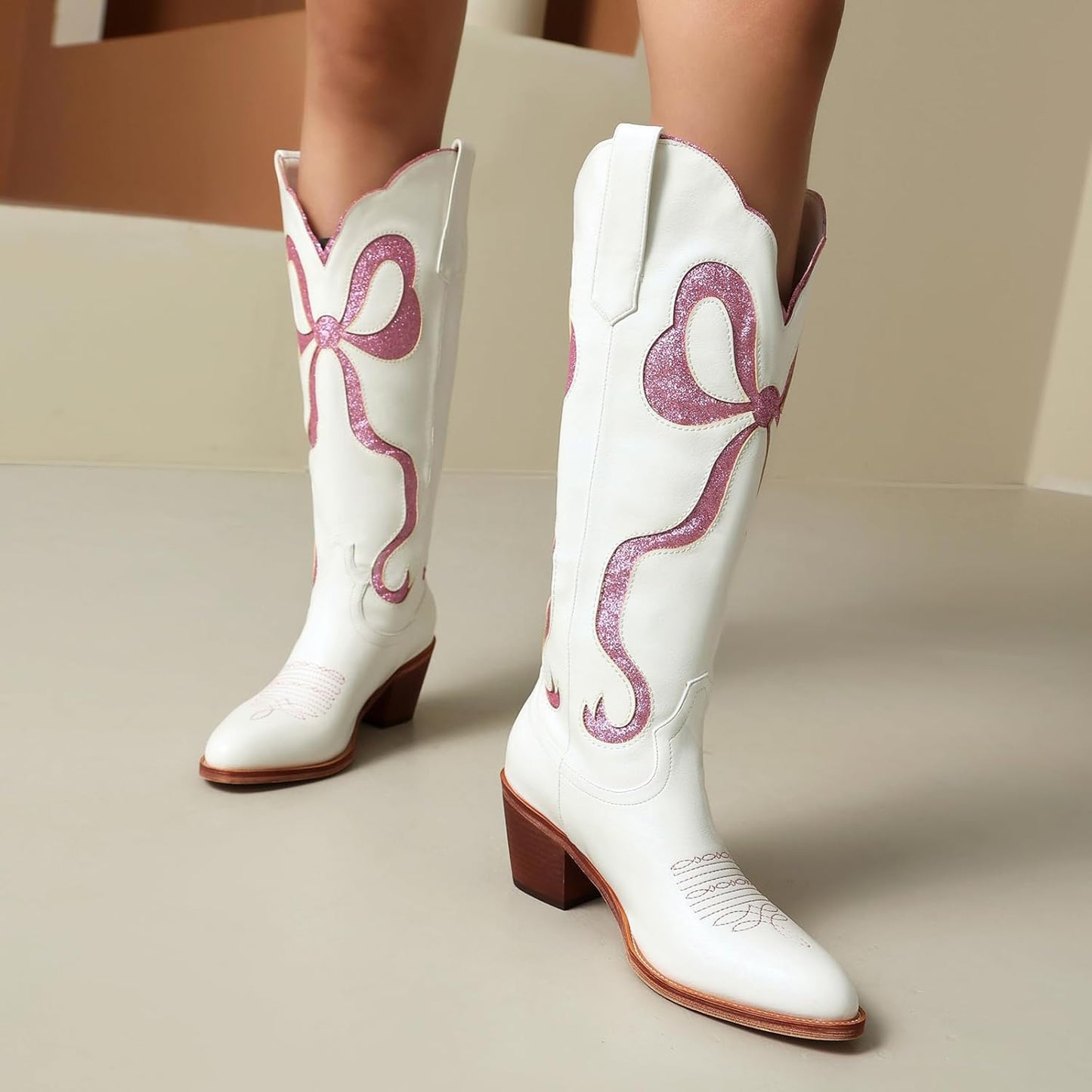 Skiennix Women's White Cowgirl Boots - Knee High Chunky Heel with Bow & Embroidery