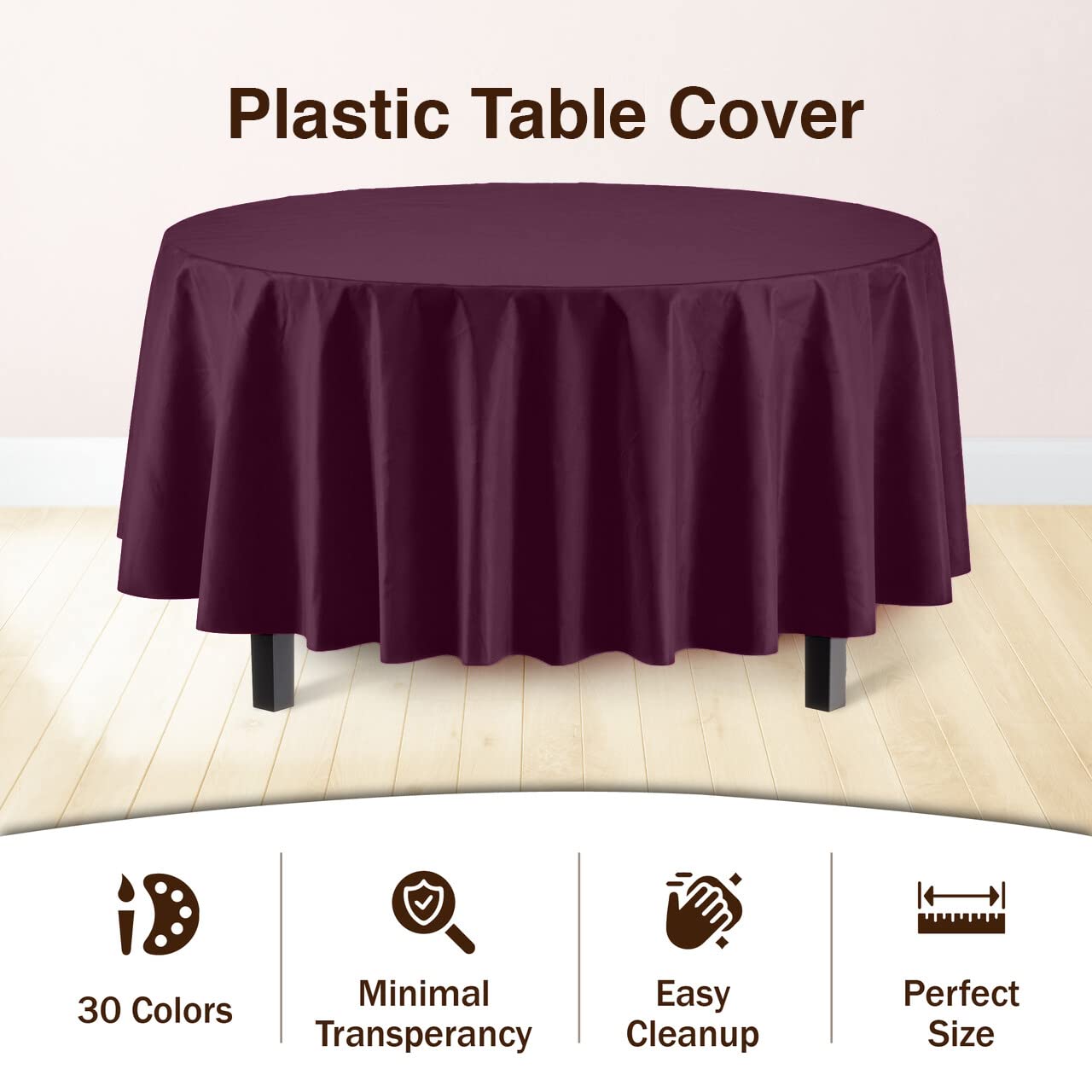 Exquisite 12-Pack Premium Plastic Tablecloth Pack of 12 Premium Plastic Tablecloth 84 Inch Round Table Cover - Plum