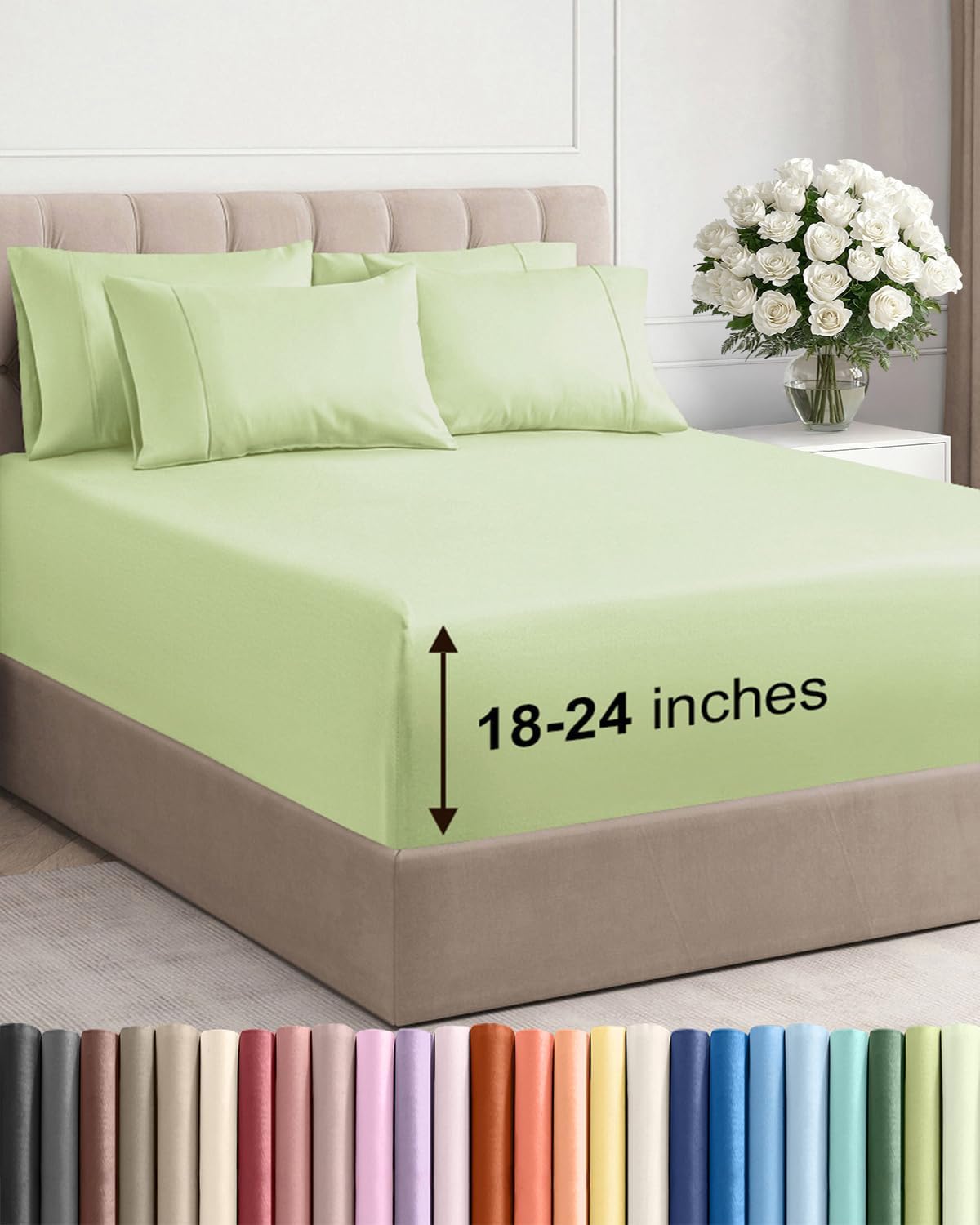 Skiennix Extra Deep Queen Sheet Set - 6 Piece Breathable Cooling Bedding - Soft Wrinkle-Free Light Sage