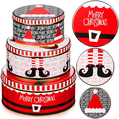Lingvee 3 Pcs Christmas Cookie Tins in Red with Snowflakes Style (Large, Medium, Small) - Gift Set