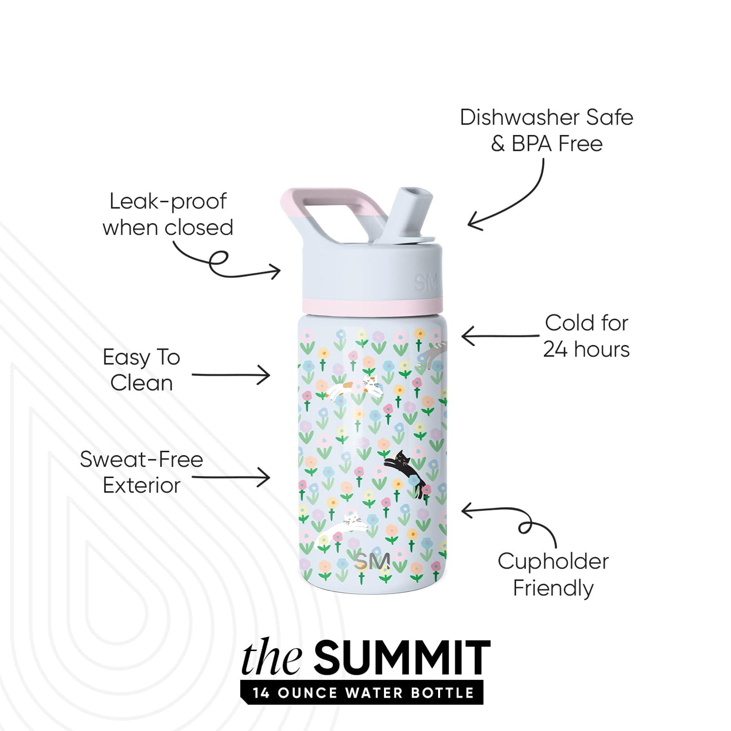 Simple Modern Kids Summit Water Bottle with Straw Lid | 14oz Stainless Steel Cup Insulated Tumbler for Toddlers, School | Frolicking Kittens