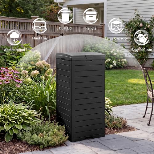 WTFGO Black 31 Gallon Outdoor Waterproof Trash Can with Lid & Drip Tray