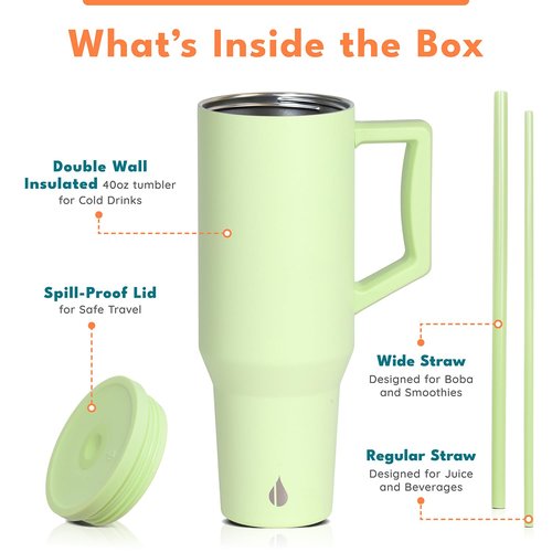 Elemental 40 oz Tumbler with Handle and Straw - Spill Proof Insulated Stainless Steel Commuter for Cold Beverages - Travel Coffee Mug with 2 Straws & Spill Proof Lid - 40oz - Key Lime
