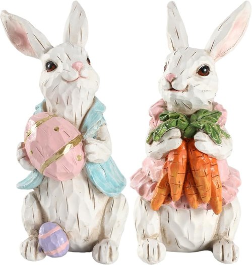 GoGnome Easter Bunny Figurines - Hand-Painted Resin Rabbits with Carrots & Egg | Set of 2 (White)
