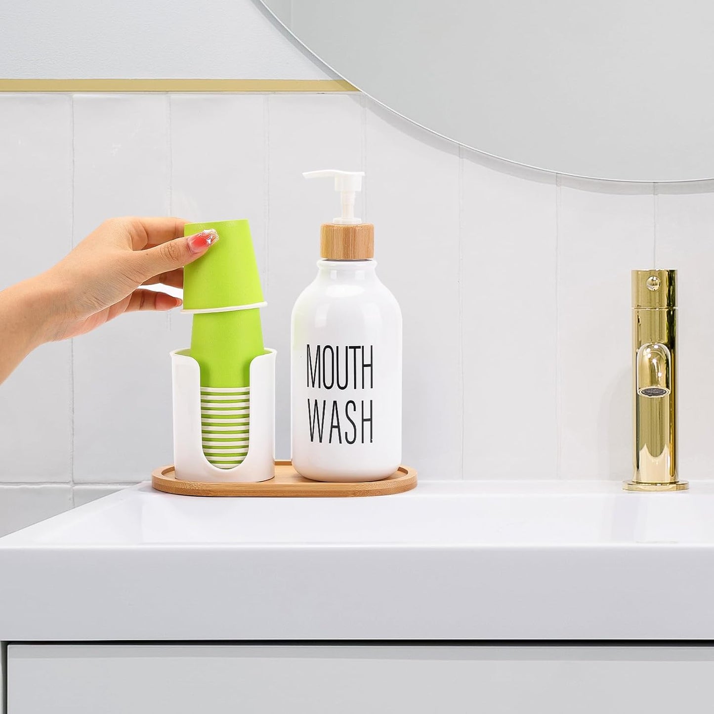 Skiennix Mouthwash Dispenser - Refillable 17oz Clear Pump Bottle with Cup Holder & Tray for Bathroom Organization
