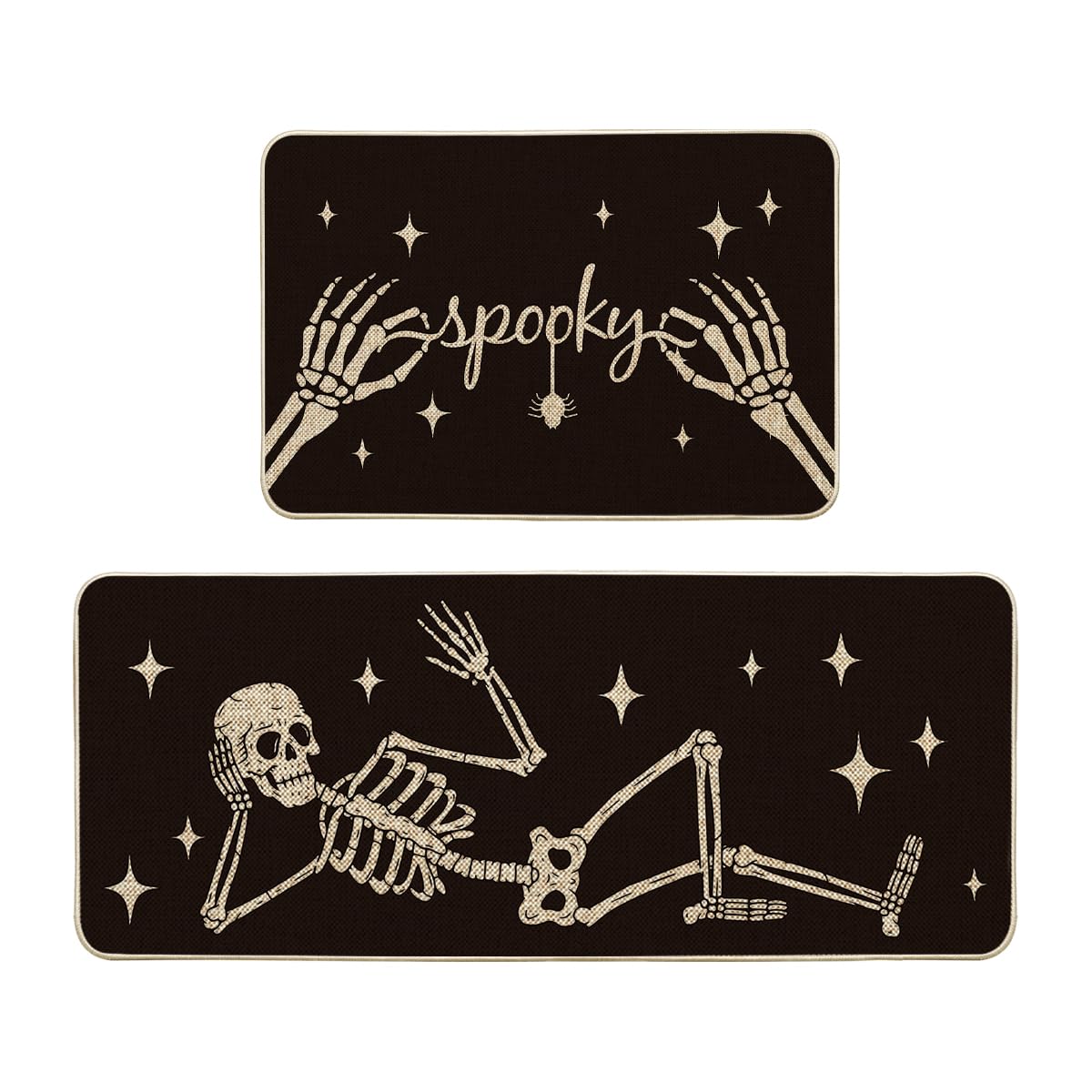 Artoid Mode Spooky Skeleton Spider Bone Black Halloween Kitchen Mats Set of 2, Black Home Decor Low-Profile Kitchen Rugs for Floor - 24x35 and 24x59 Inch