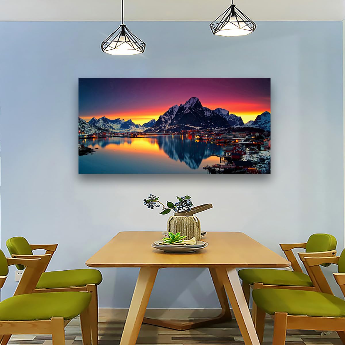 Lofoten Islands Norway Canvas Wall Art - 40"x20" Snowy Mountain Fjord Village Sunset Landscape Print, Waterproof Modern Wall Decor for Living Room Bedroom Office, Ready to Hang