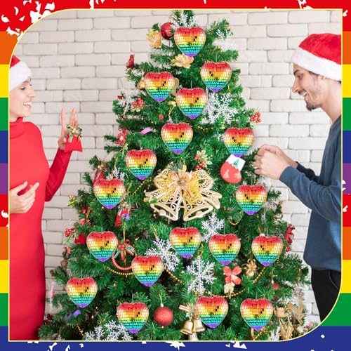 Vercraft 24 pcs Rainbow Heart Pride Disco Christmas Ornaments with Lanyards - Gay Pride Decorations