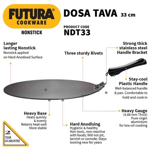 Hawkins Futura Nonstick Dosa Tava, Diameter 33 cm (13 inch), Thickness 4.88 mm (Black) NDT33