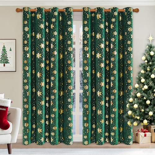 Yinhua 52"x84" Green Velvet Curtains with Gold Snowflake Foil, 2 Panels, Blackout Thermal Drapes