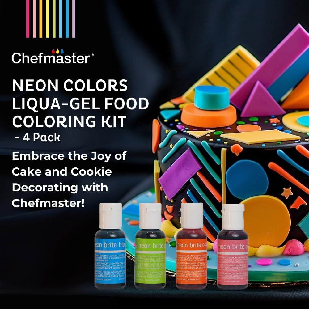 Chefmaster 4-Bottle Set of Neon Food Coloring, Liqua-Gel® Vibrant Colors, Professional-Grade Dye for Easter Eggs, Icing, Frosting, Fondant, & Batters, Fade-Resistant, Made in USA, 0.67 oz