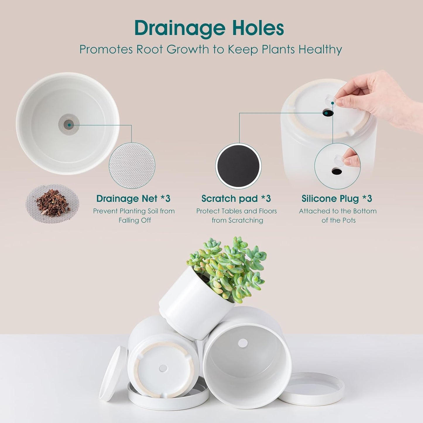 Vancasso Ceramic Plant Pots - 3-Piece Indoor Planters with Drainage | 4.25", 5.25", & 6.25" White Flower Pots