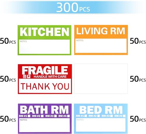 Home Moving Labels - 300 Count Color-Coded Packing Stickers | 3.5"x2" Writable Areas, Includes Fragile & Blank