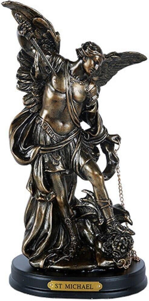 St. Michael Archangel Figurine - San Miguel Defeating Lucifer - 8.13" Home Decor with Wooden Base & Brass Plate