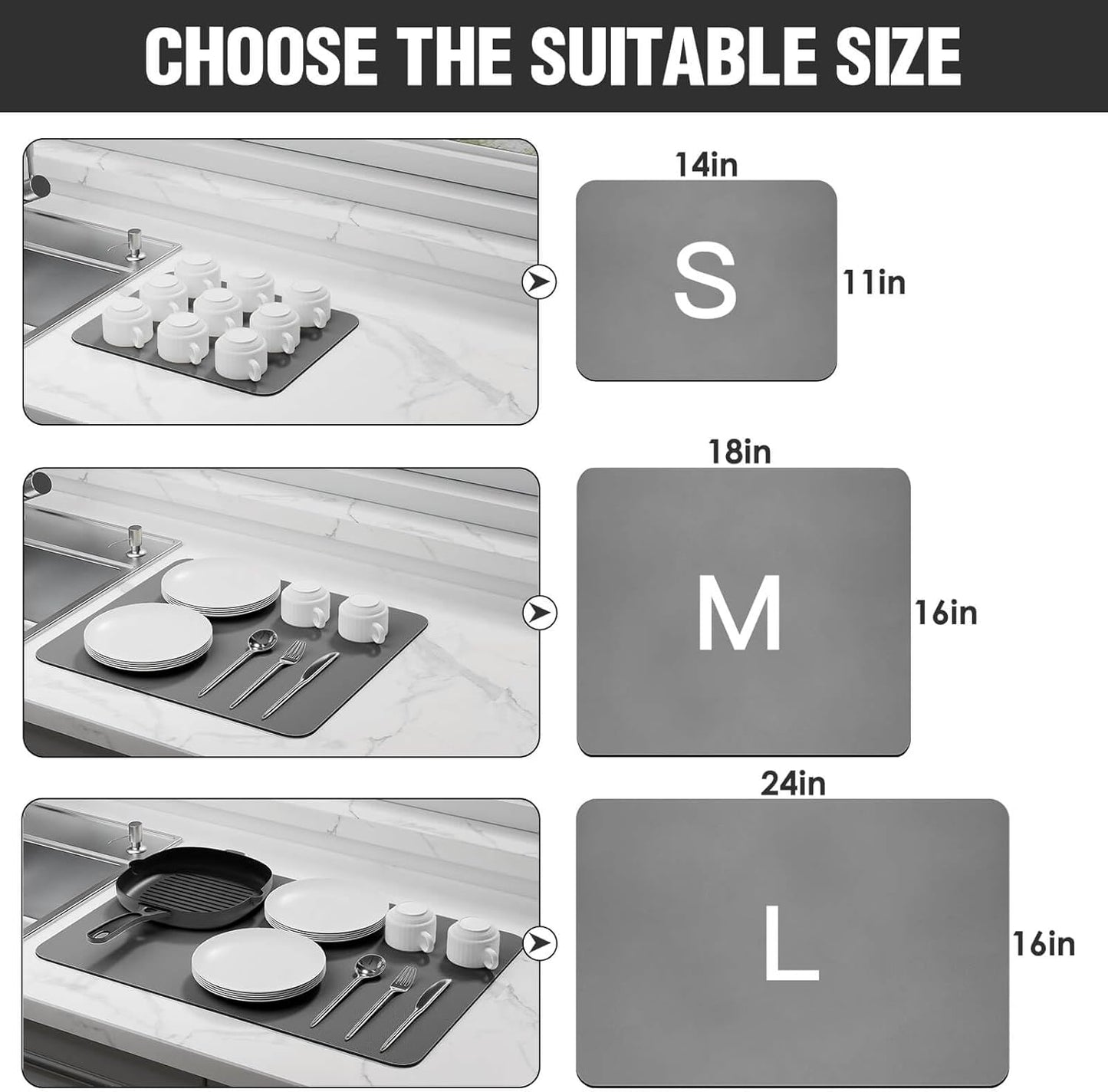 Skiennix Dish Drying Mat - Super Absorbent & Non-Slip Rubber Backed | XL Gray 31.5"x17" Easy Clean