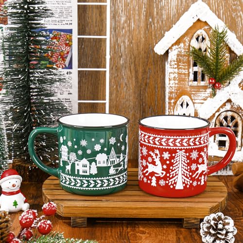 Christmas Enamel Mug Set – 15oz Holiday Coffee Cups with Red & Green Designs