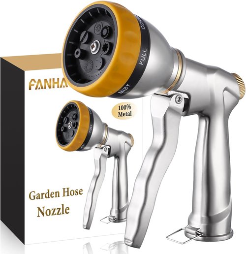 FANHAO Heavy Duty Metal Garden Hose Nozzle - 7 Spray Patterns for Efficient Watering & Washing