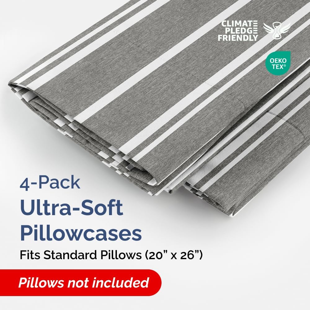 Standard Pillow Cases Set of 4 | Soft Hotel Quality Pillowcase Covers - Cozy Grey Stripes - Machine Washable