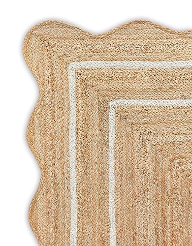 Off White 2x6 Jute Scalloped Boho Rug - Handmade Natural Fiber Runner