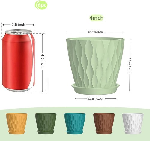 Corolful 4 Inch Plant Pots - 6 Pack Indoor Flower Planters with Drainage Holes & Trays for Succulents, Herbs, Orchids
