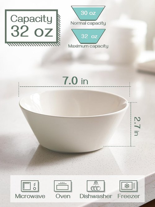 DOWAN 32 OZ Large Soup Bowls Set of 4 - White Ceramic Deep Bowls for Cereal, Salad & Pasta