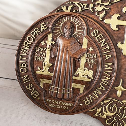 16 Inch Wooden Saint Benedict Wall Decor Medal Pendant Handmade Gold Finish