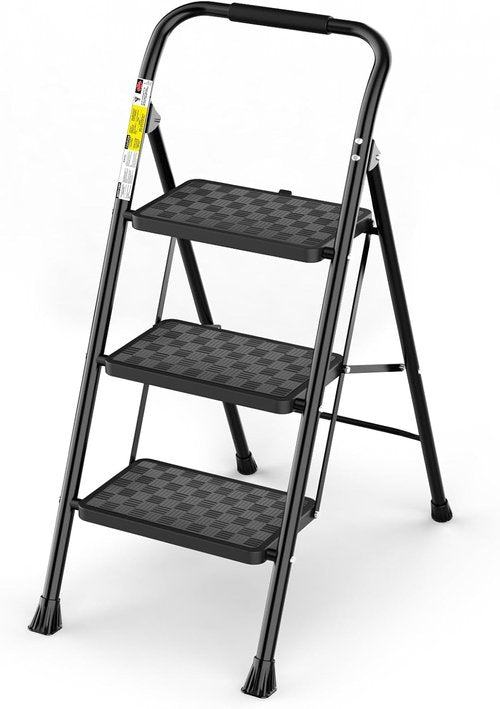 HBTower 3 Step Ladder - Ergonomic Folding Step Stool with Cushioned Handle & Wide Pedal | Black
