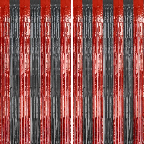 2 Pack Foil Fringe Backdrop - Red&Black Shiny Tinsel Curtains for Party Decoration/Photo Booth Props - 3.3x6.6 FT Metallic Foil Backdrop for Birthday, Wedding, Graduation, Christmas.