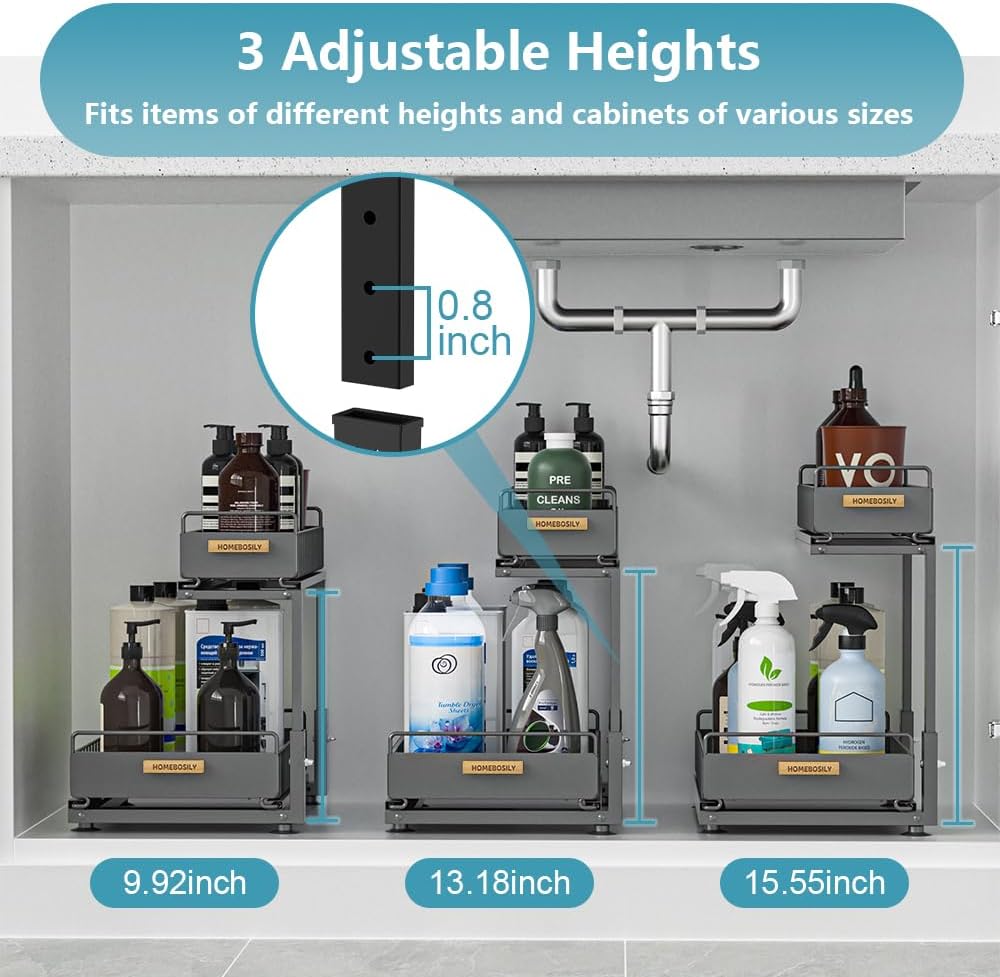Skiennix Under Sink Organizer - 2 Tier Pull-Out Metal Shelf for Kitchen & Bathroom Storage | Black