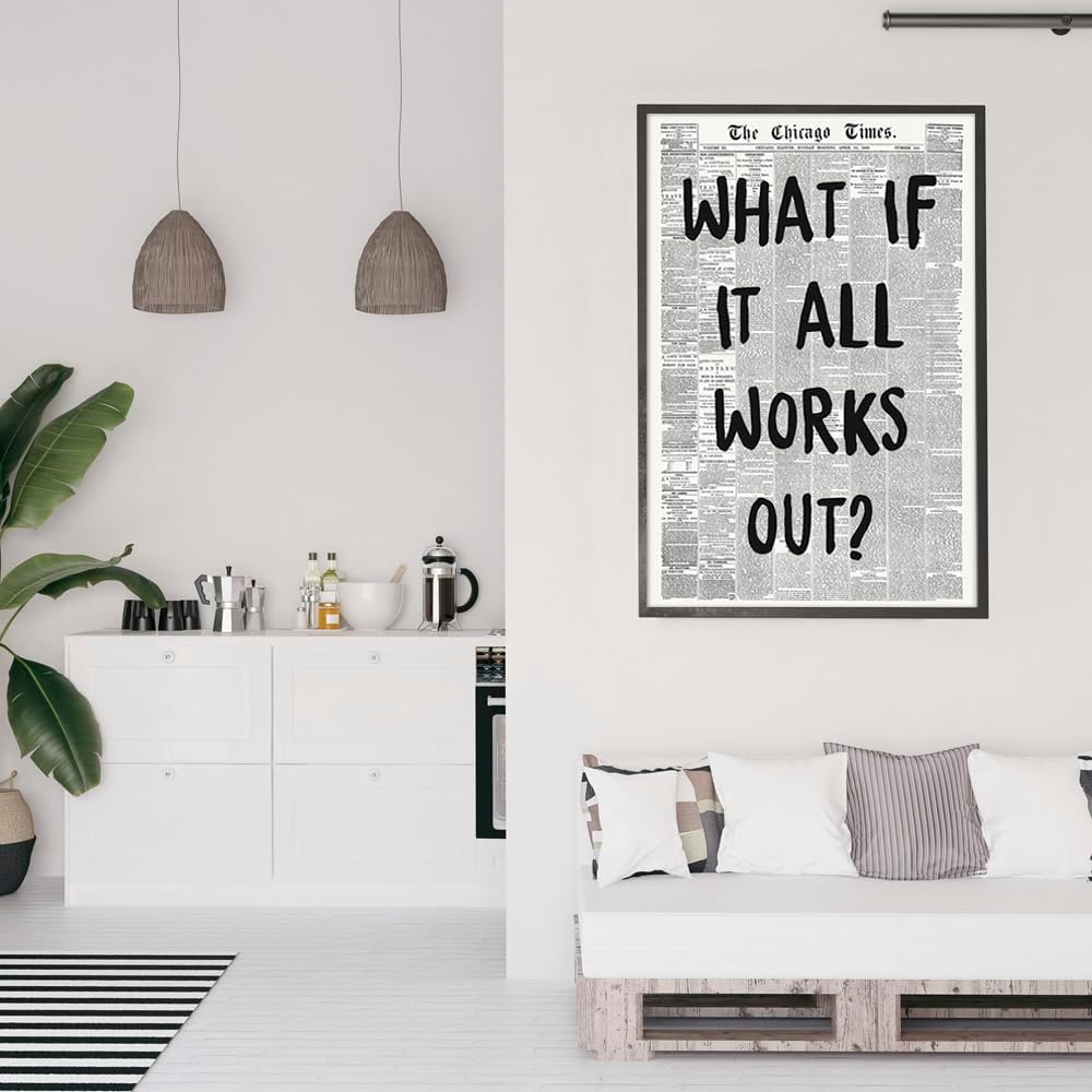 Zphvaqd Trendy Newspaper Canvas Wall Art - "What If It All Works Out" Print | Black & White Home Decor 16 x 24 in Unframed