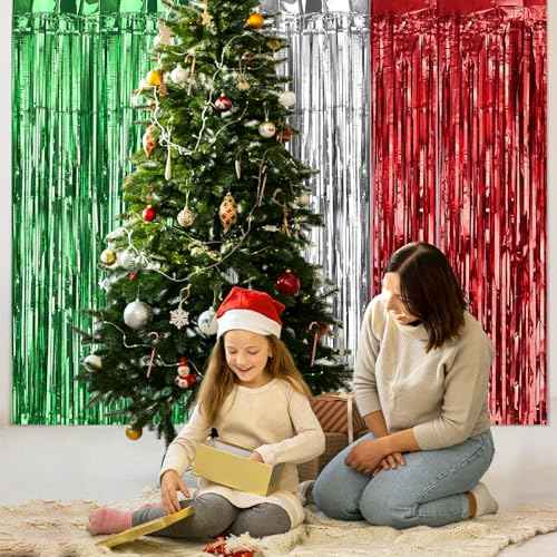 Kesote 3 Pack Green Red Silver Tinsel Foil Fringe Curtain Streamers for Christmas Holiday Party Decorations Photo Booth Props, 3.3Ft x 6.6Ft