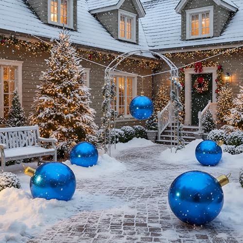 Jetec 4-Pack 17in Christmas Inflatable Ball Ornaments with Glitter Cloth Cover - Round Blue