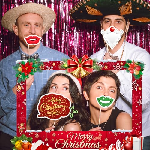 Christmas Photo Props Kit 25Pcs - Selfie Frame, Santa Beard & Gingerbread Party Props